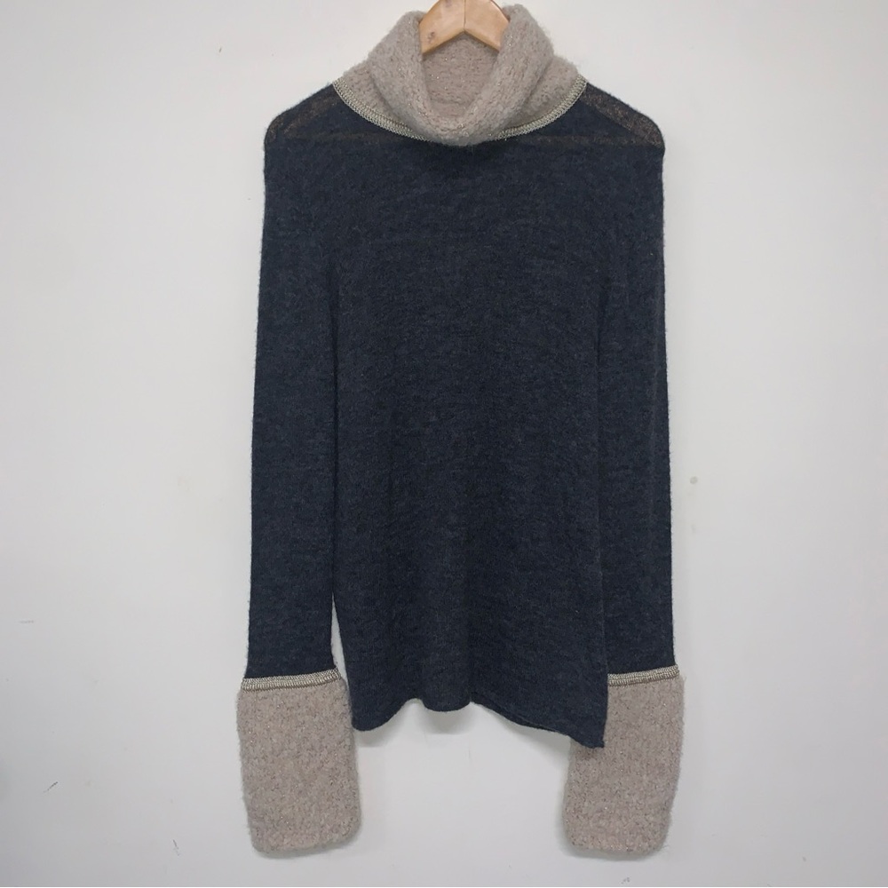 TORY BURCH Gray and Cream Angelina Turtleneck Alpaca Sweater Women’s Size XL - Picture 2 of 13